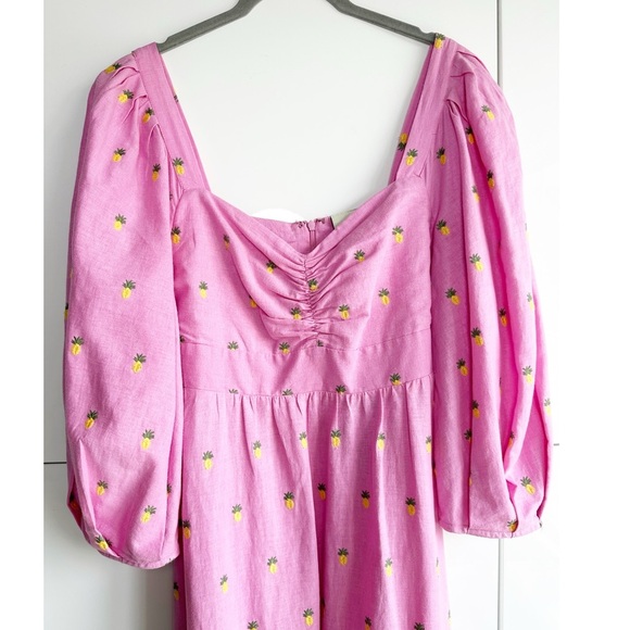 Farm Rio Linen Midi Dress Pink Embroidered Pineapple Size Small NWT - Picture 5 of 12
